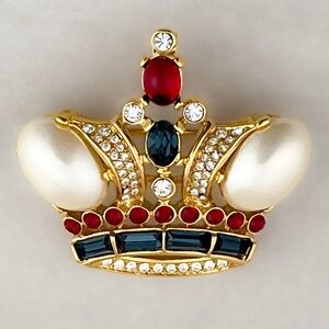Vintage Trifari TM Gold Tone Faux Pearl Rhinestone Crown Brooch Slider